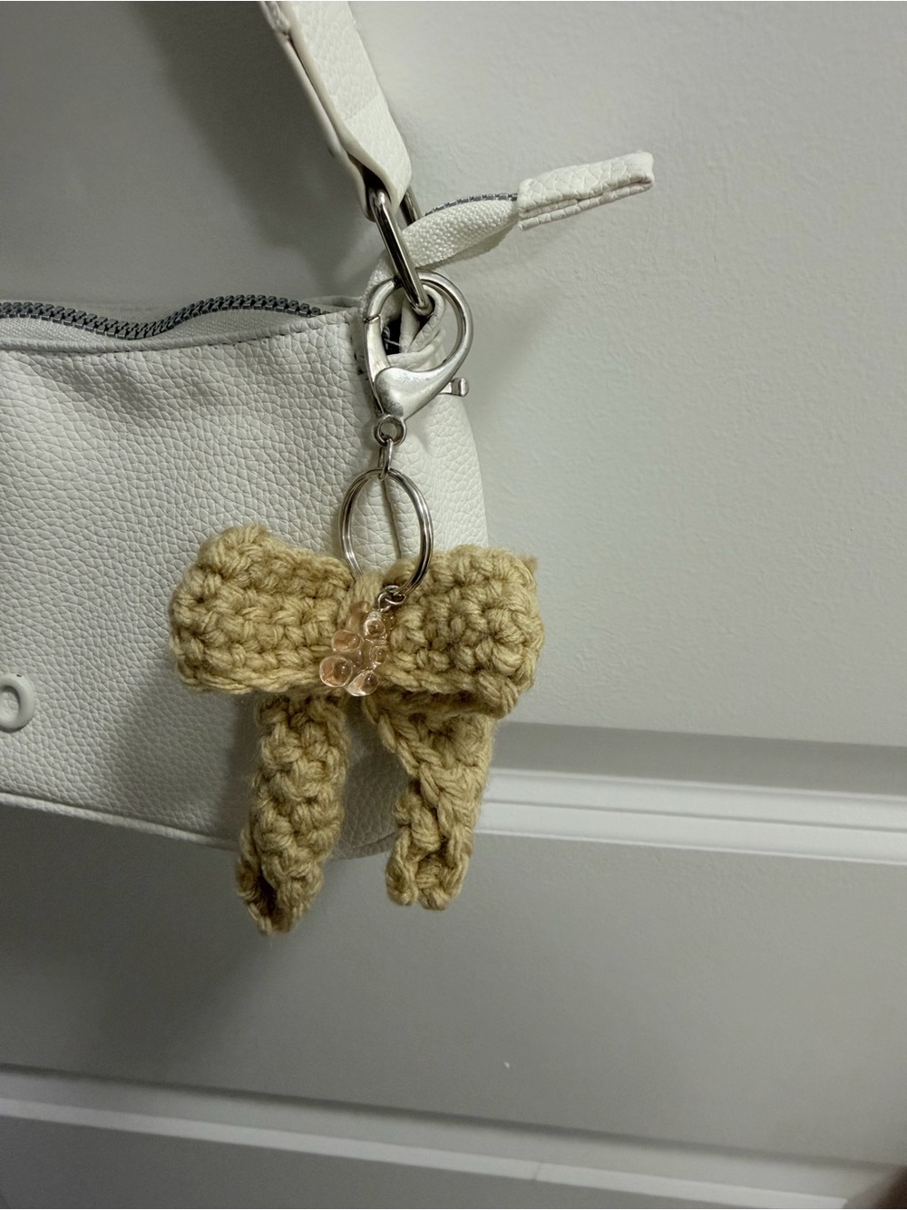 Handmade Beige Crochet Bow Keychain Charm